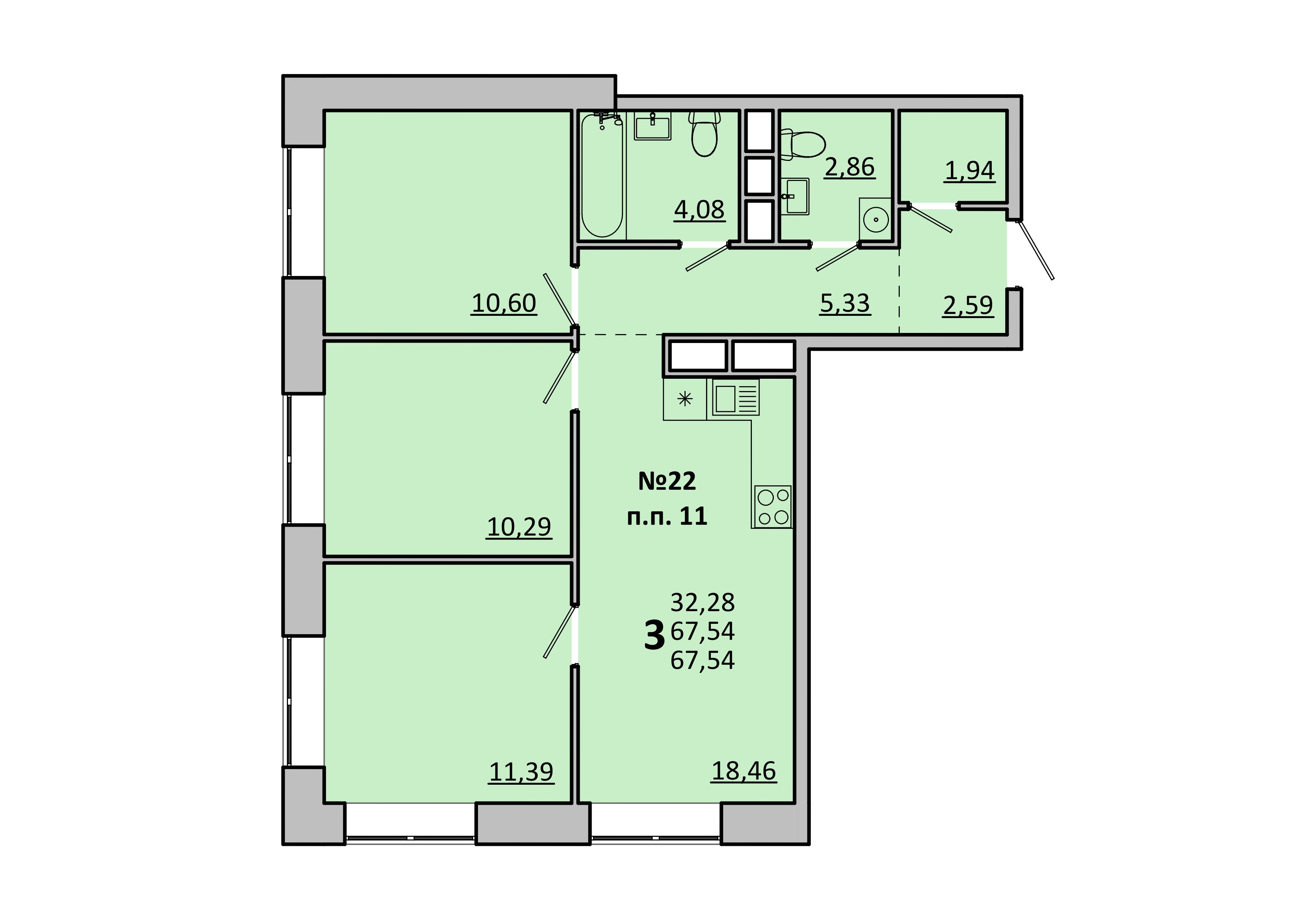 3-комнатная 67 м2 в ЖК Каштановая Роща корпус null этаж 3