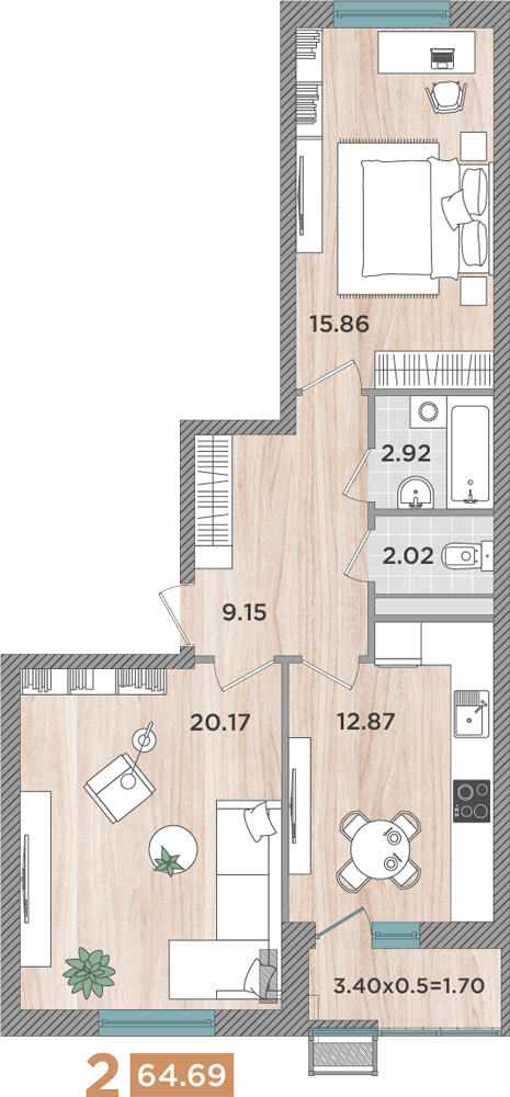 2-комнатная 64 м2 в ЖК Сады у моря корпус null этаж 8