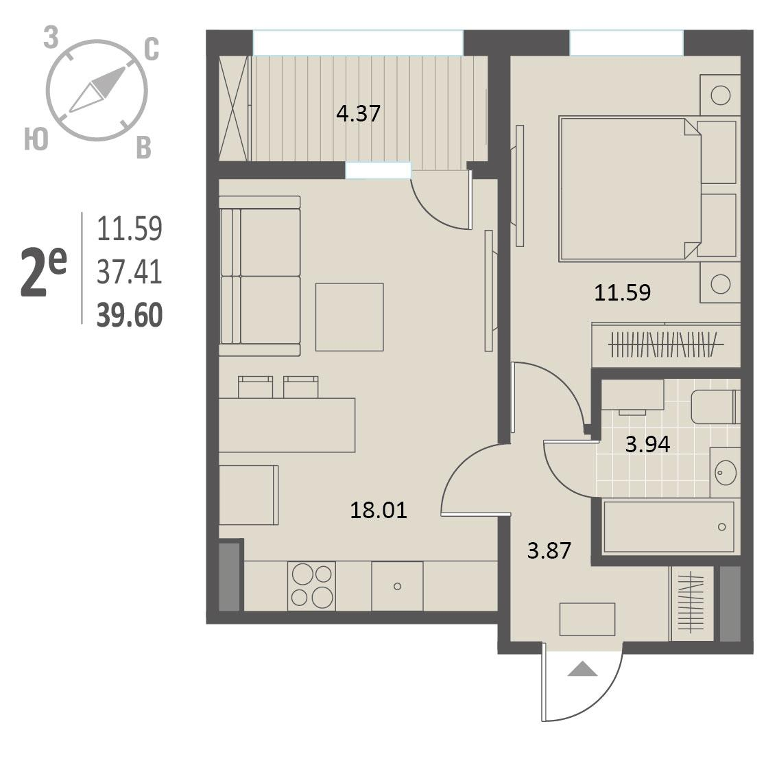 1-комнатная 39 м2 в ЖК Инстеп.Краснознаменная корпус null этаж 15