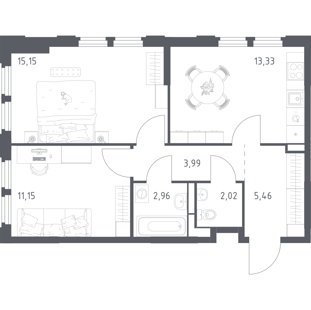 2-комнатная 54 м2 в ЖК Космический Квартал корпус null этаж 5