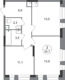 2-комнатная 52 м2 в ЖК Первый Московский корпус null этаж 1