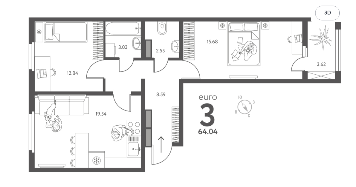 2-комнатная 64 м2 в ЖК undefined корпус null этаж 7