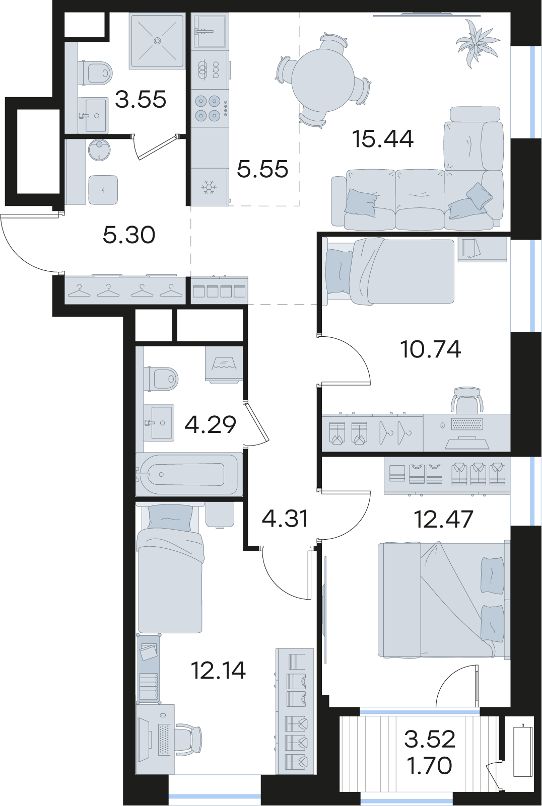 3-комнатная 75 м2 в ЖК Статус на Черниговской корпус null этаж 12