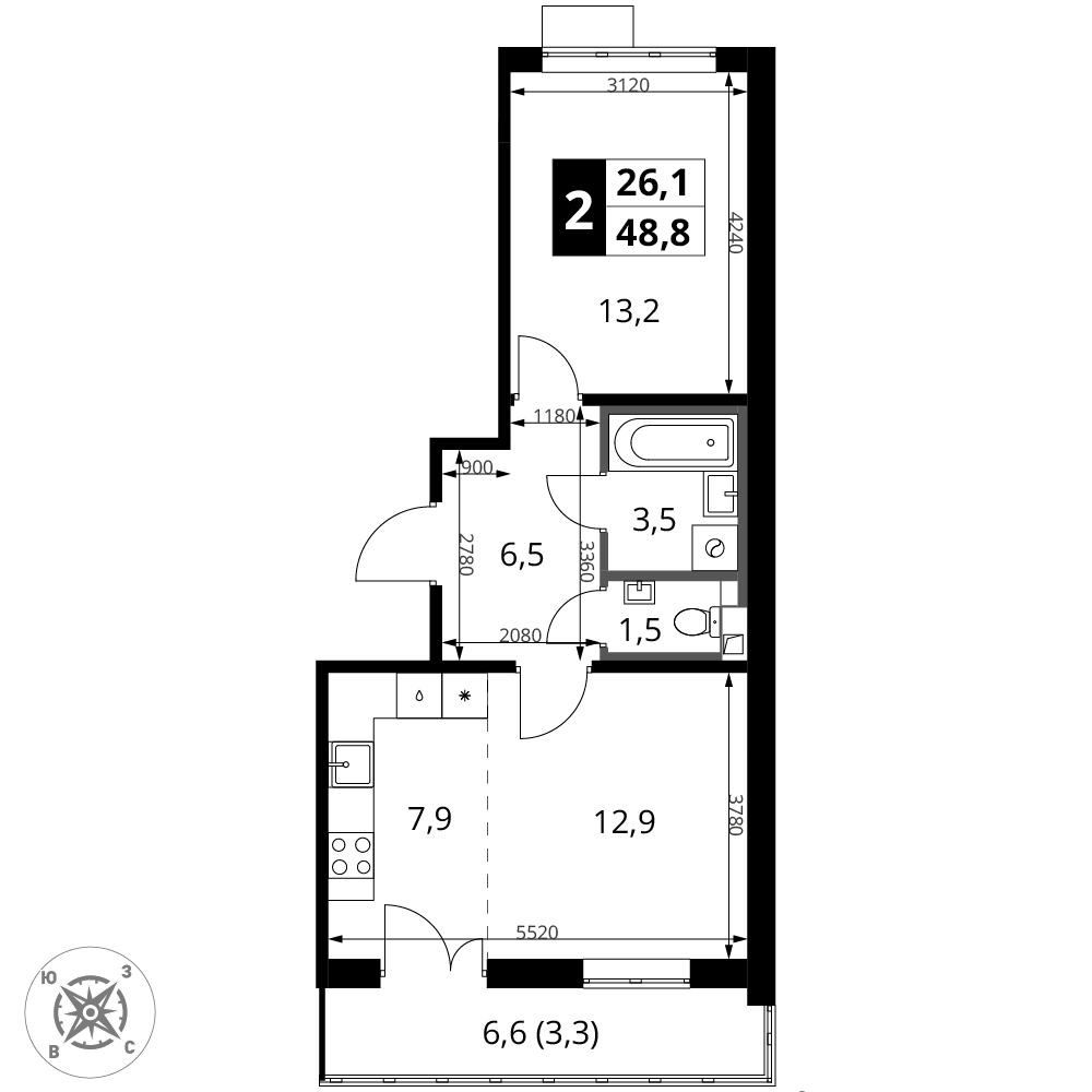 2-комнатная 48 м2 в ЖК 1-й Шереметьевский корпус null этаж 11