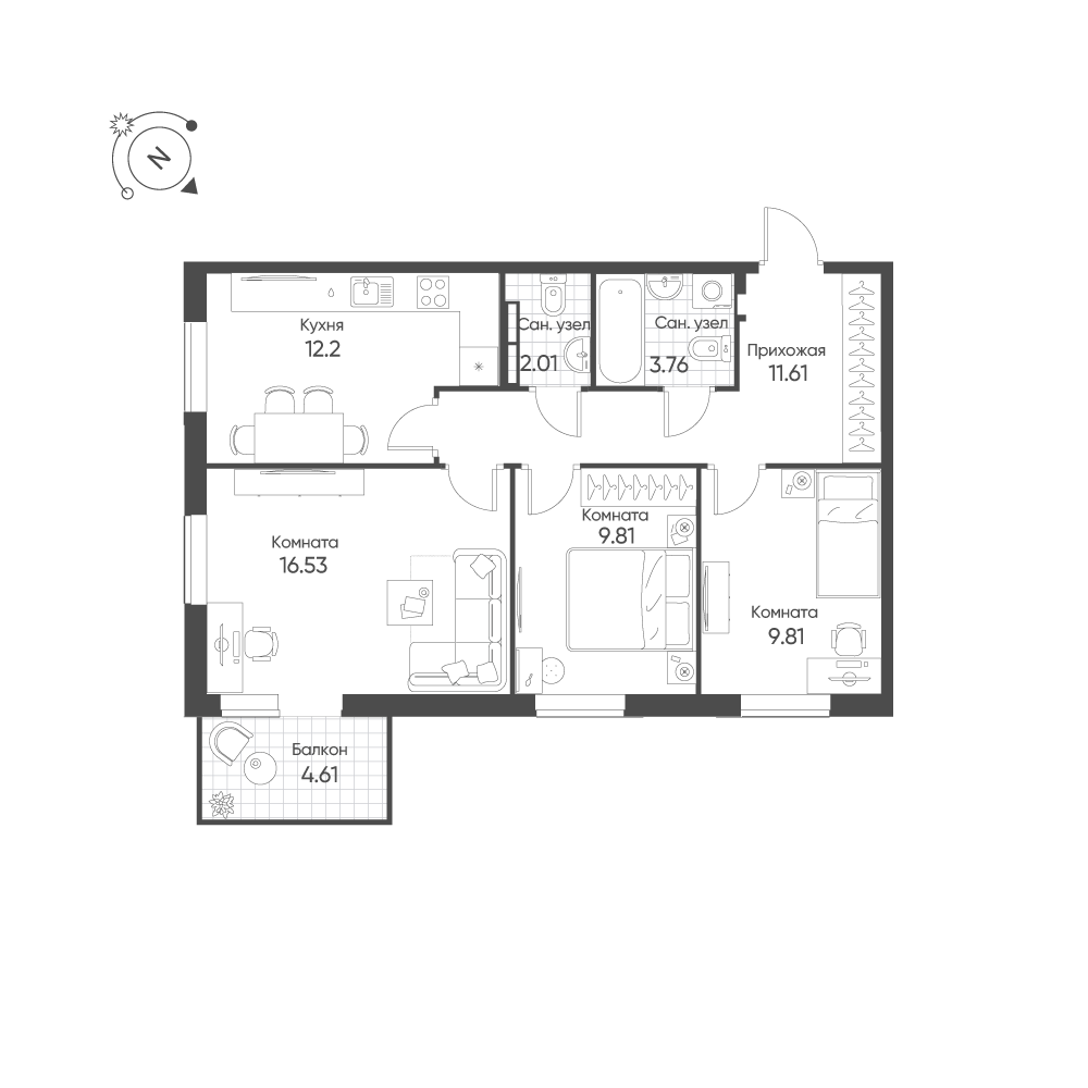 3-комнатная 67 м2 в ЖК Балтым-Парк корпус null этаж 3