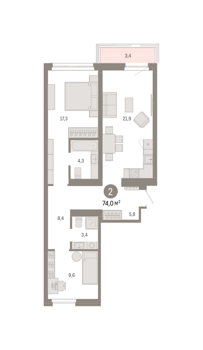 2-комнатная 73 м2 в ЖК Квартал Нефть корпус null этаж 7