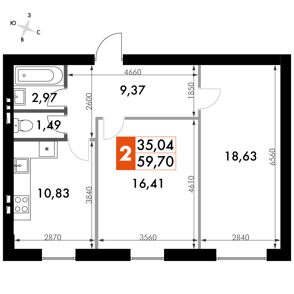 2-комнатная 59 м2 в ЖК Парк Апрель корпус null этаж 3