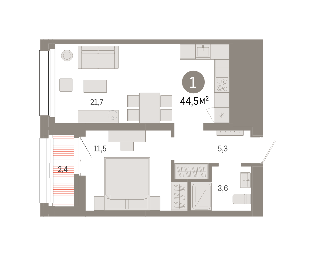 1-комнатная 44 м2 в ЖК Квартал Нефть корпус null этаж 13