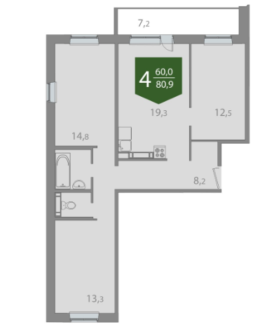4-комнатная 80.9 м2 в ЖК undefined корпус null этаж 8