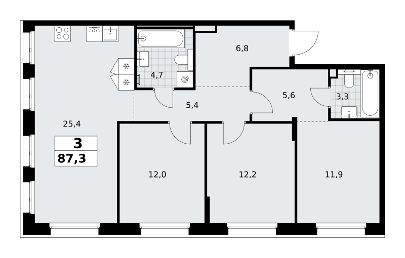 3-комнатная 87 м2 в ЖК Хольм корпус null этаж 2