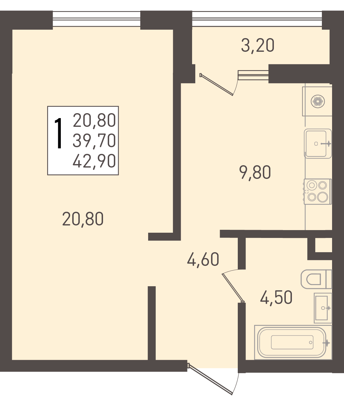 1-комнатная 42 м2 в ЖК Югге корпус null этаж 1