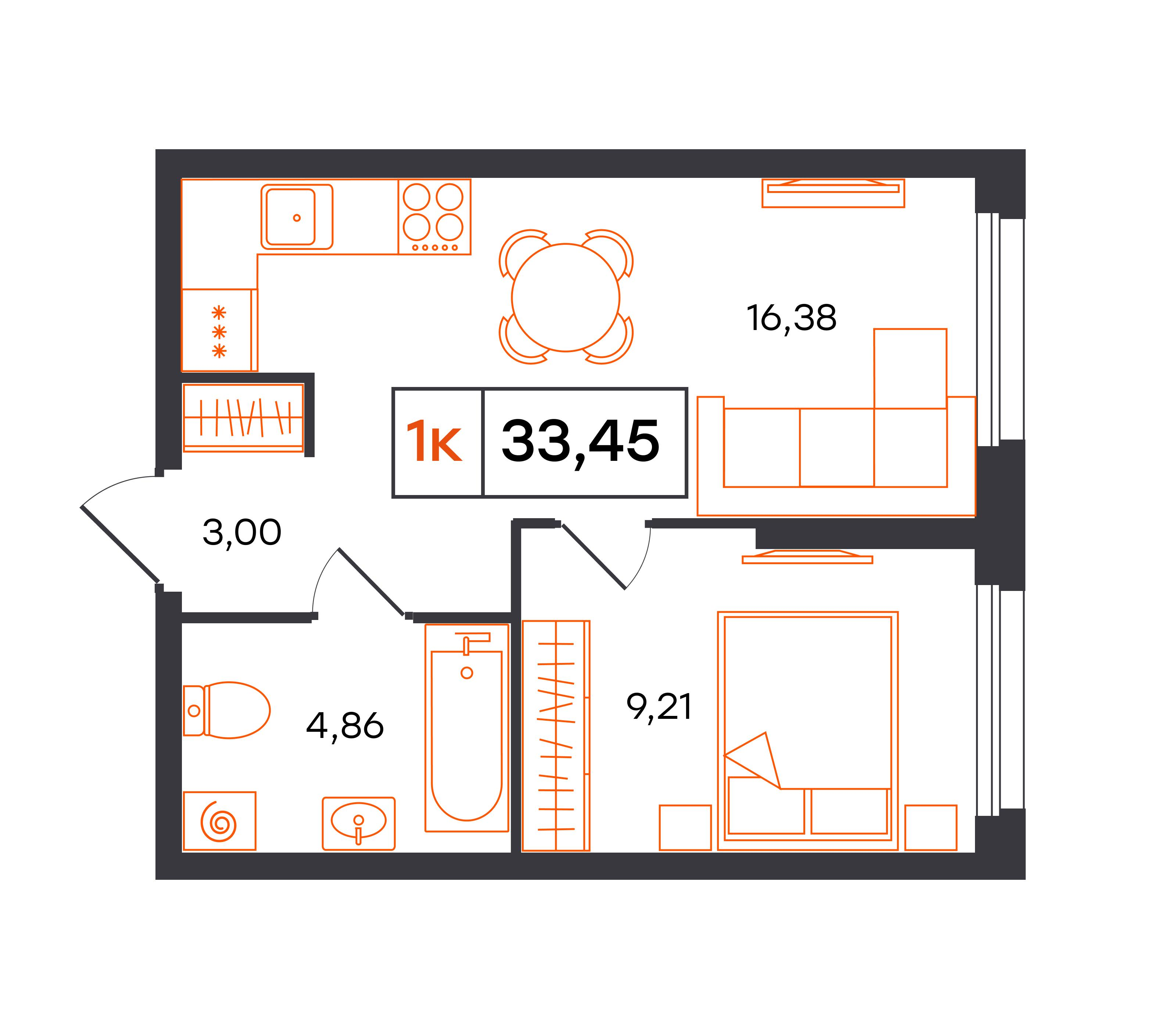 1-комнатная 33 м2 в ЖК Фатера корпус null этаж 18
