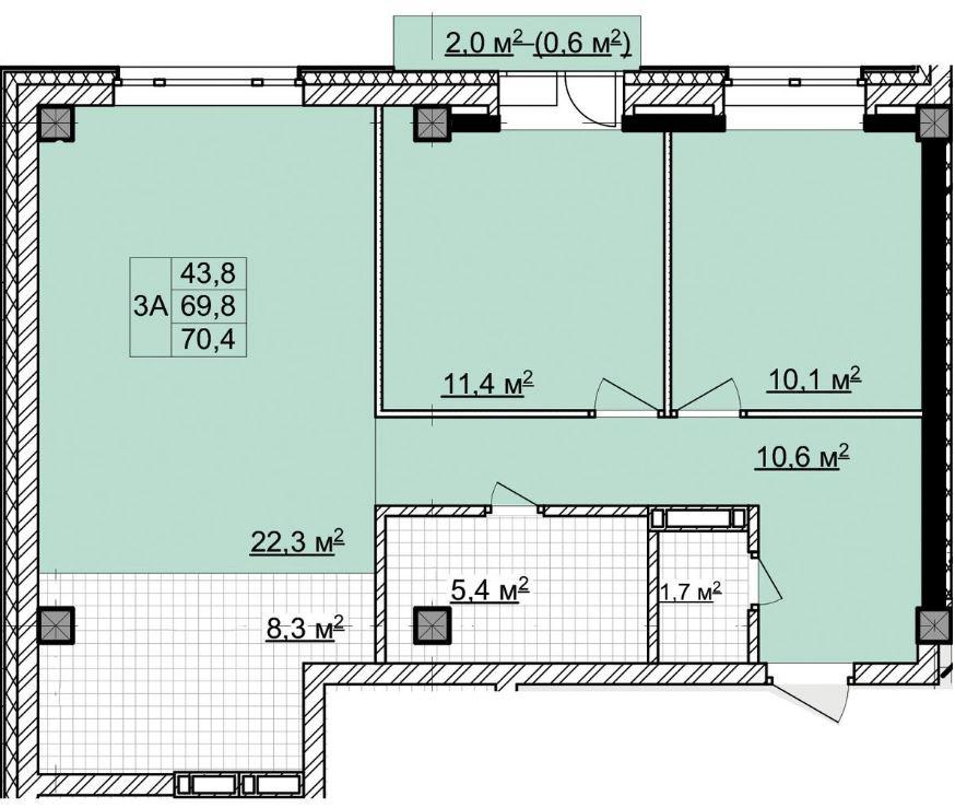 3-комнатная 69.8 м2 в ЖК undefined корпус null этаж 12