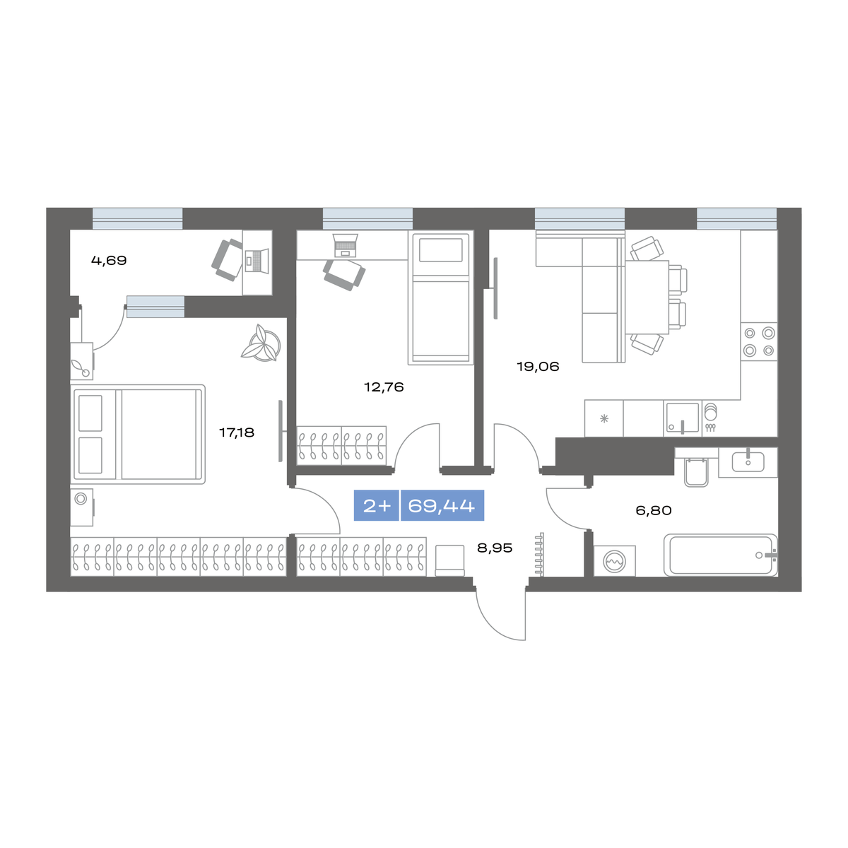 2-комнатная 69 м2 в ЖК Пятнашка корпус null этаж 15