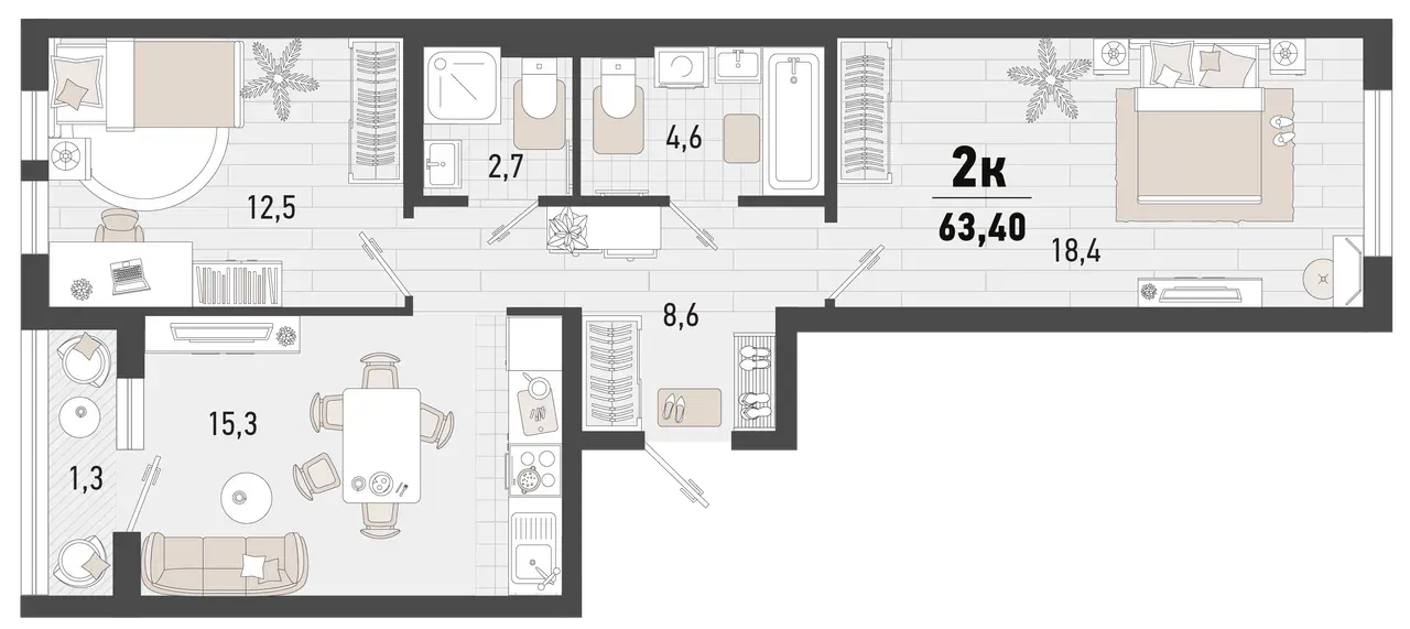 2-комнатная 62 м2 в ЖК Барса корпус null этаж 5
