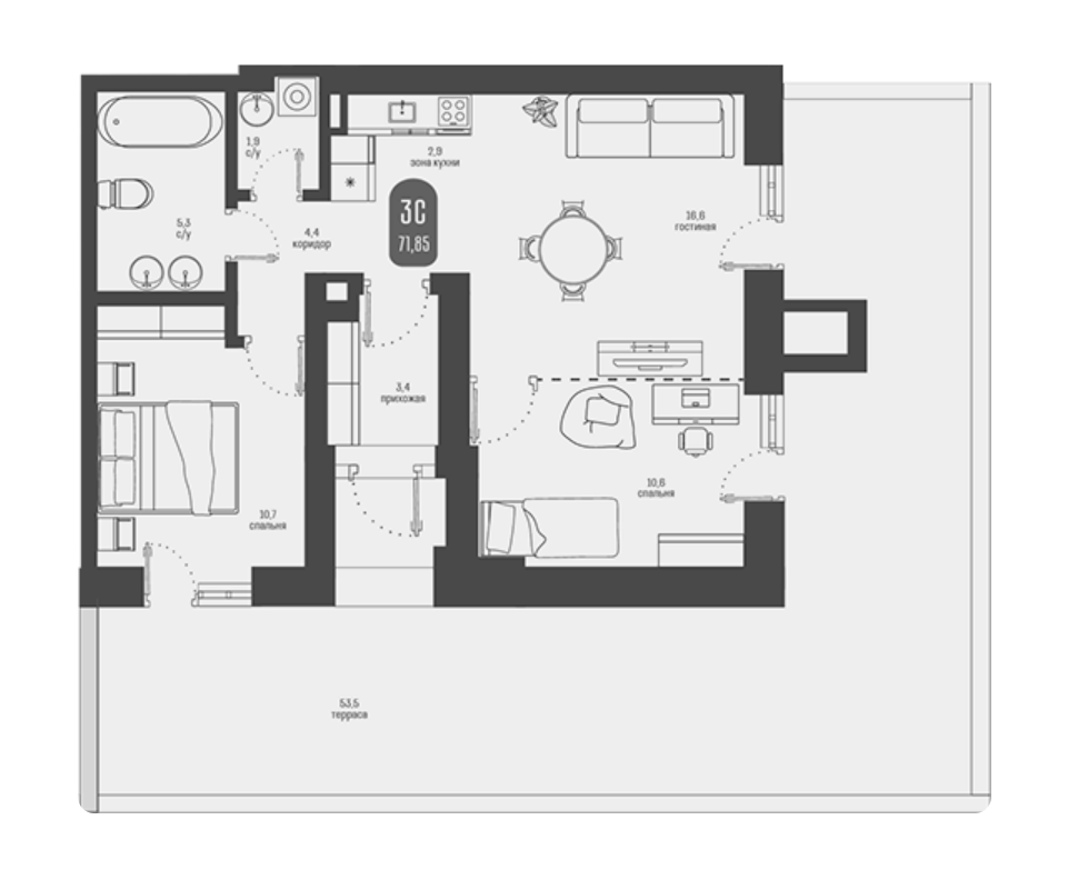 2-комнатная 51.8 м2 в ЖК undefined корпус null этаж 1