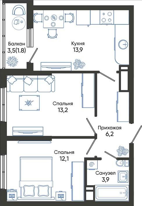 2-комнатная 51 м2 в ЖК Облака корпус null этаж 14