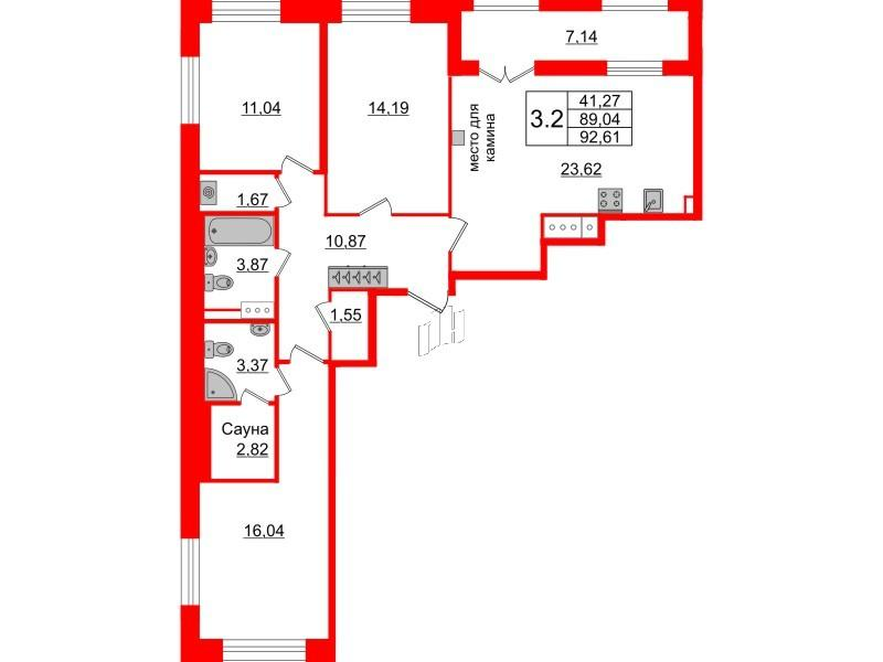 3-комнатная 88 м2 в ЖК Amber Club корпус null этаж 12