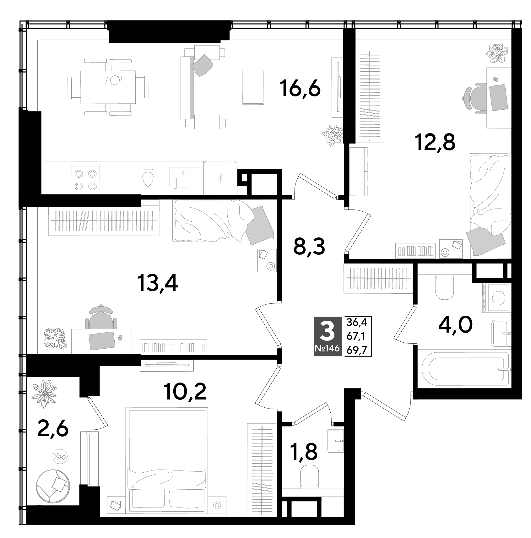 3-комнатная 69 м2 в ЖК Dogma Park корпус null этаж 15