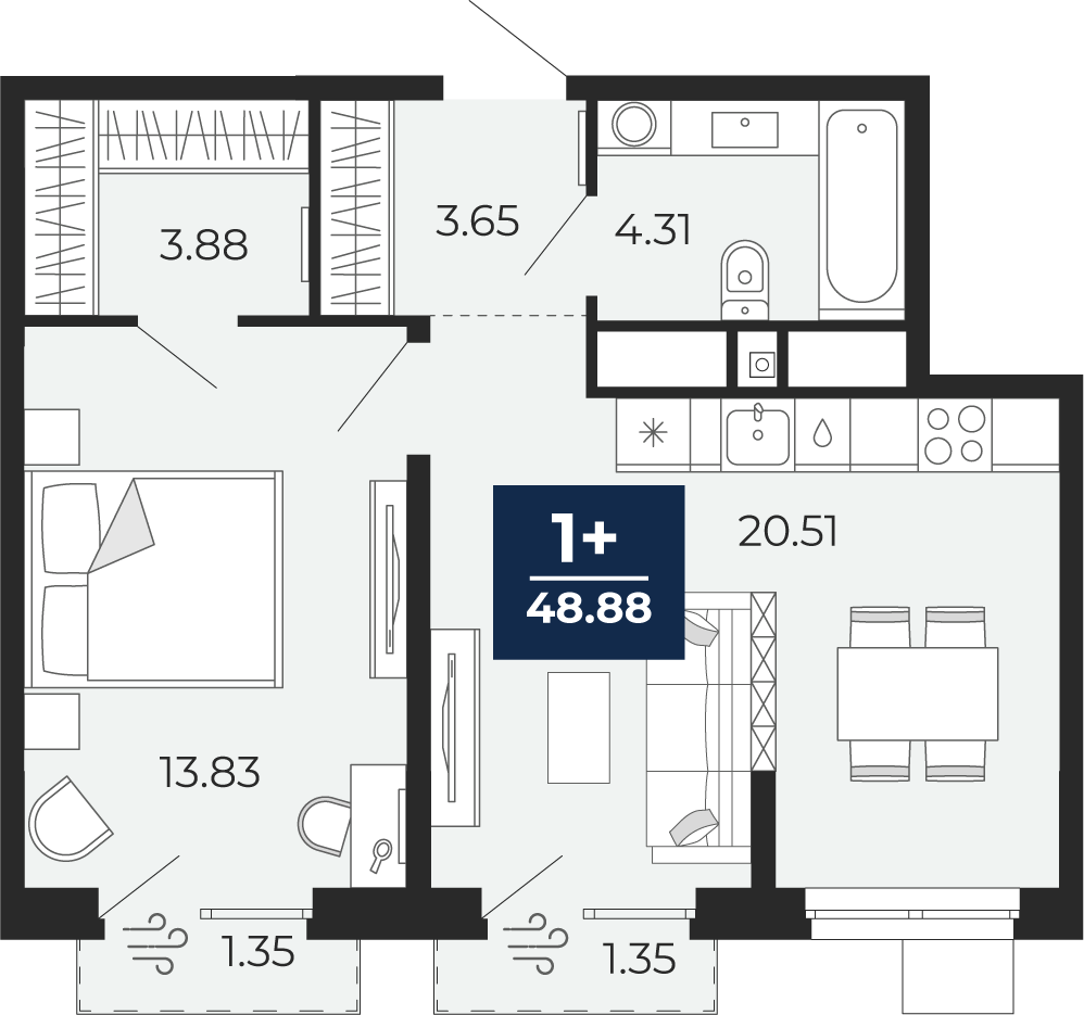 1-комнатная 46 м2 в ЖК Мириады корпус null этаж 11