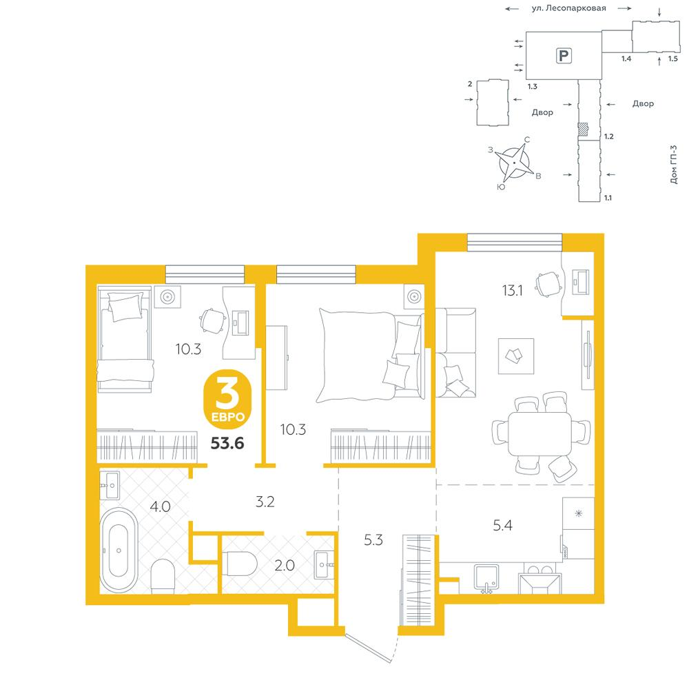 2-комнатная 53 м2 в ЖК Чистые пруды корпус null этаж 2