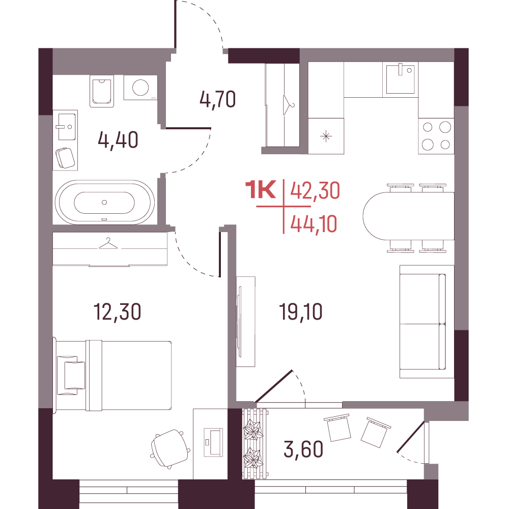 1-комнатная 42 м2 в ЖК А+ корпус null этаж 2