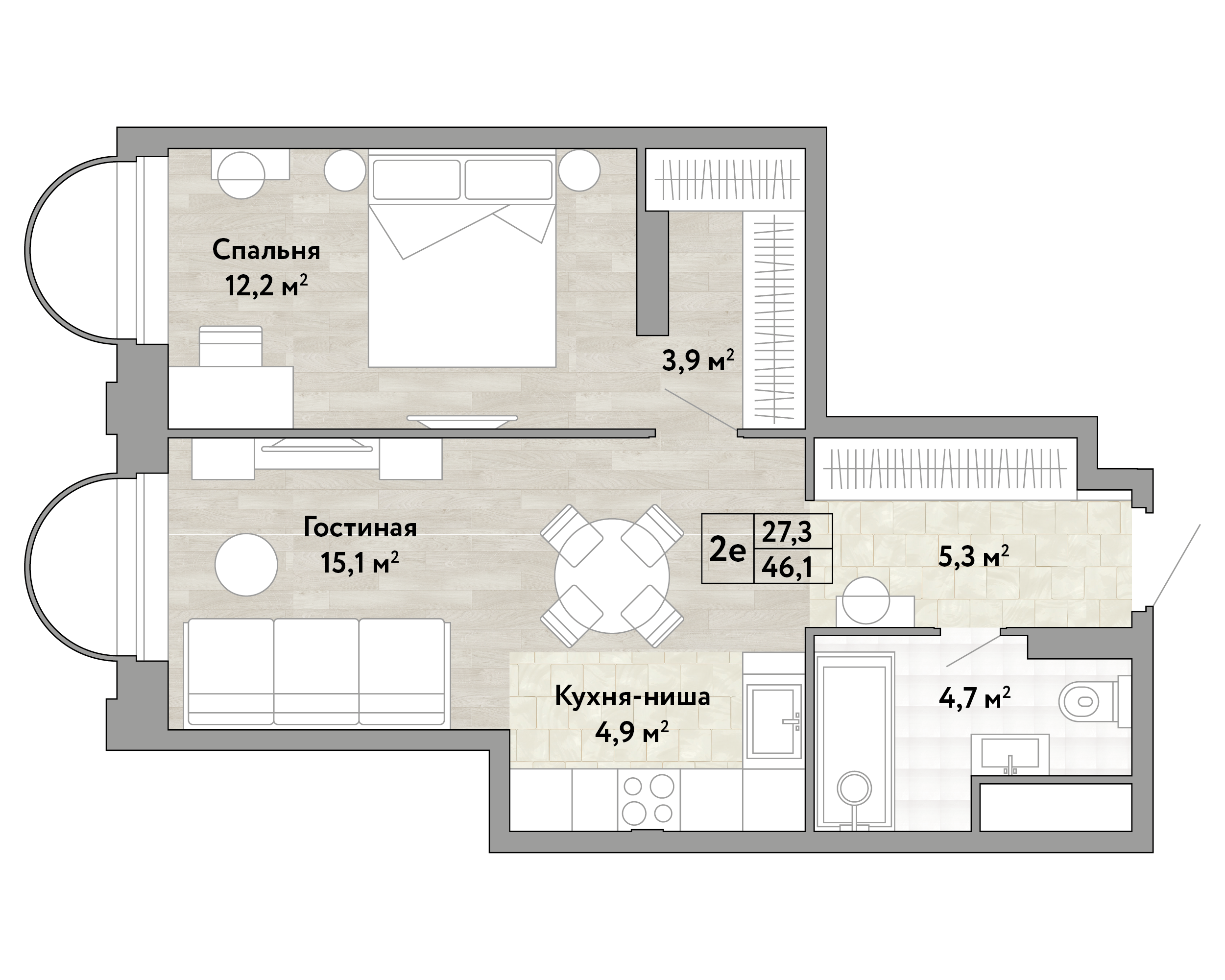 1-комнатная 46 м2 в ЖК Новые Смыслы корпус null этаж 9
