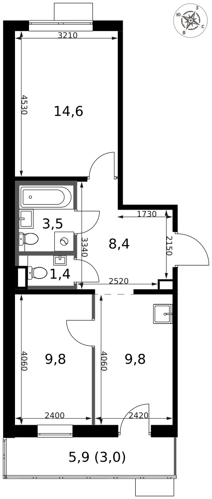 2-комнатная 50 м2 в ЖК 1-й Саларьевский корпус null этаж 15