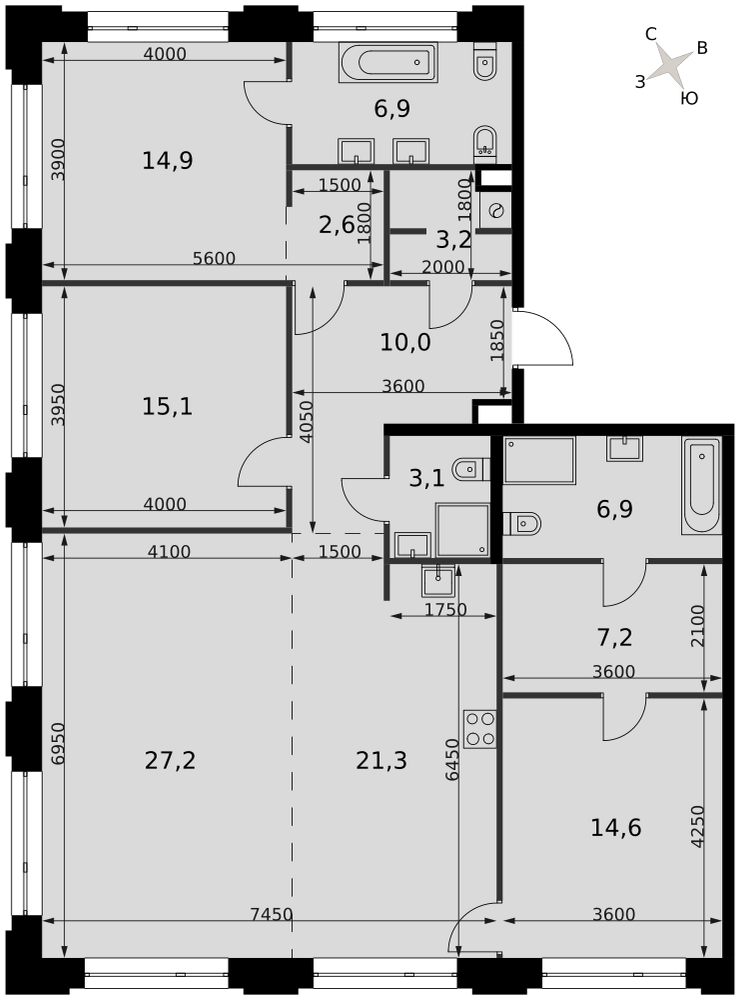 4-комнатная 137 м2 в ЖК Sydney Prime корпус null этаж 6