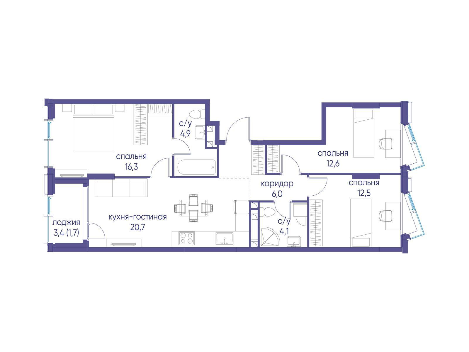 3-комнатная 78 м2 в ЖК Событие корпус null этаж 4