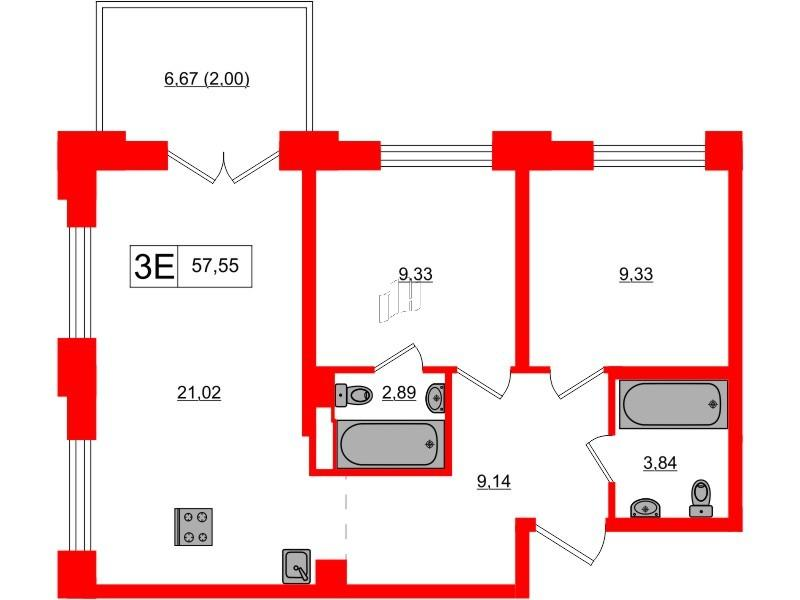 2-комнатная 55 м2 в ЖК Alpen корпус null этаж 3