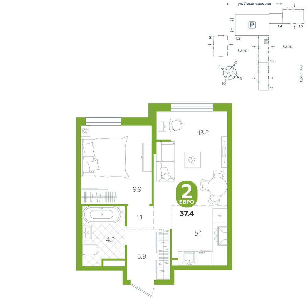 1-комнатная 37 м2 в ЖК Чистые пруды корпус null этаж 3