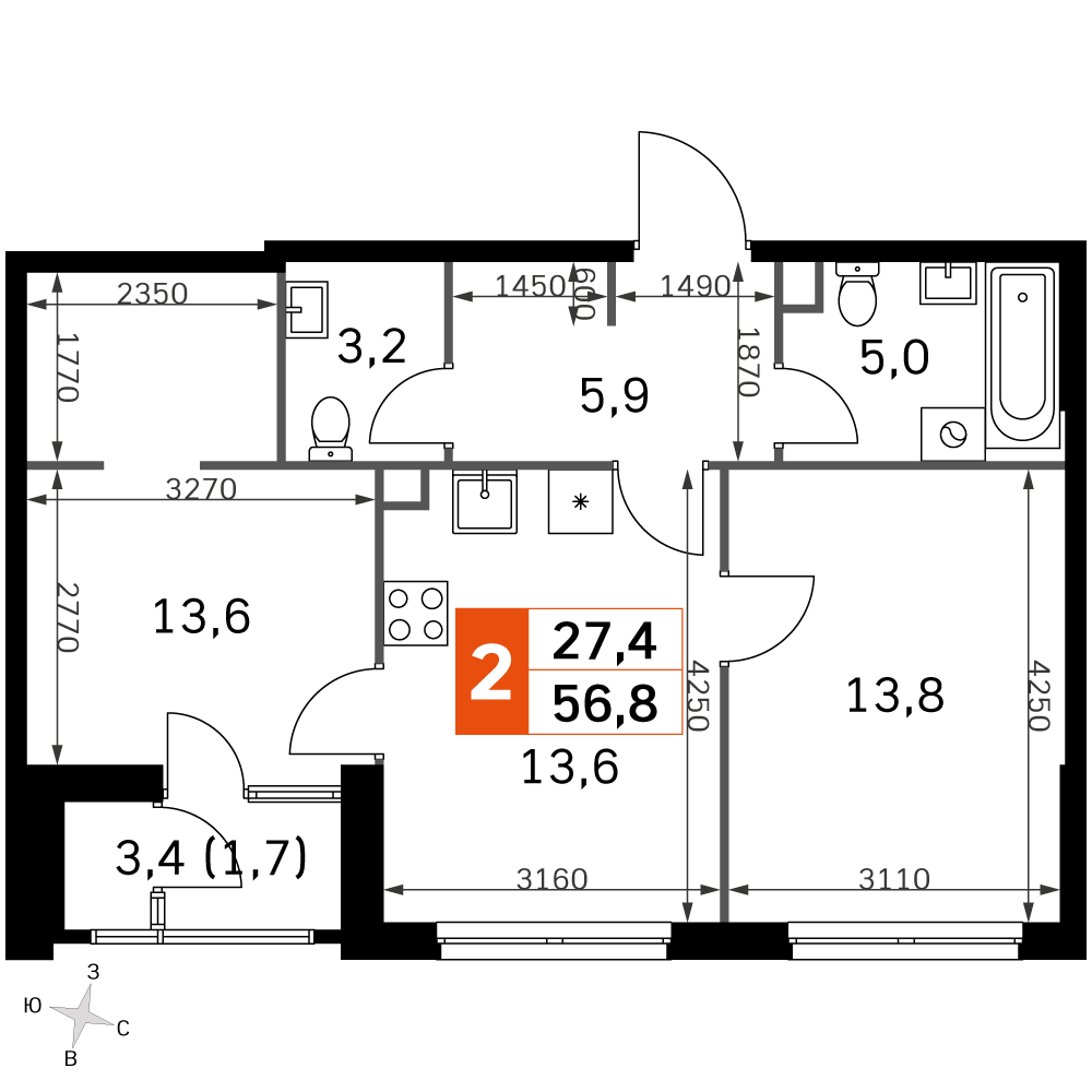 3-комнатная 54 м2 в ЖК Скай Гарден корпус null этаж 15