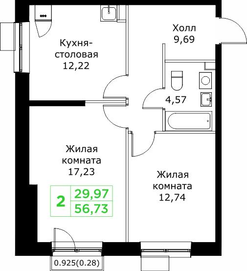 2-комнатная 56 м2 в ЖК Кит корпус null этаж 21