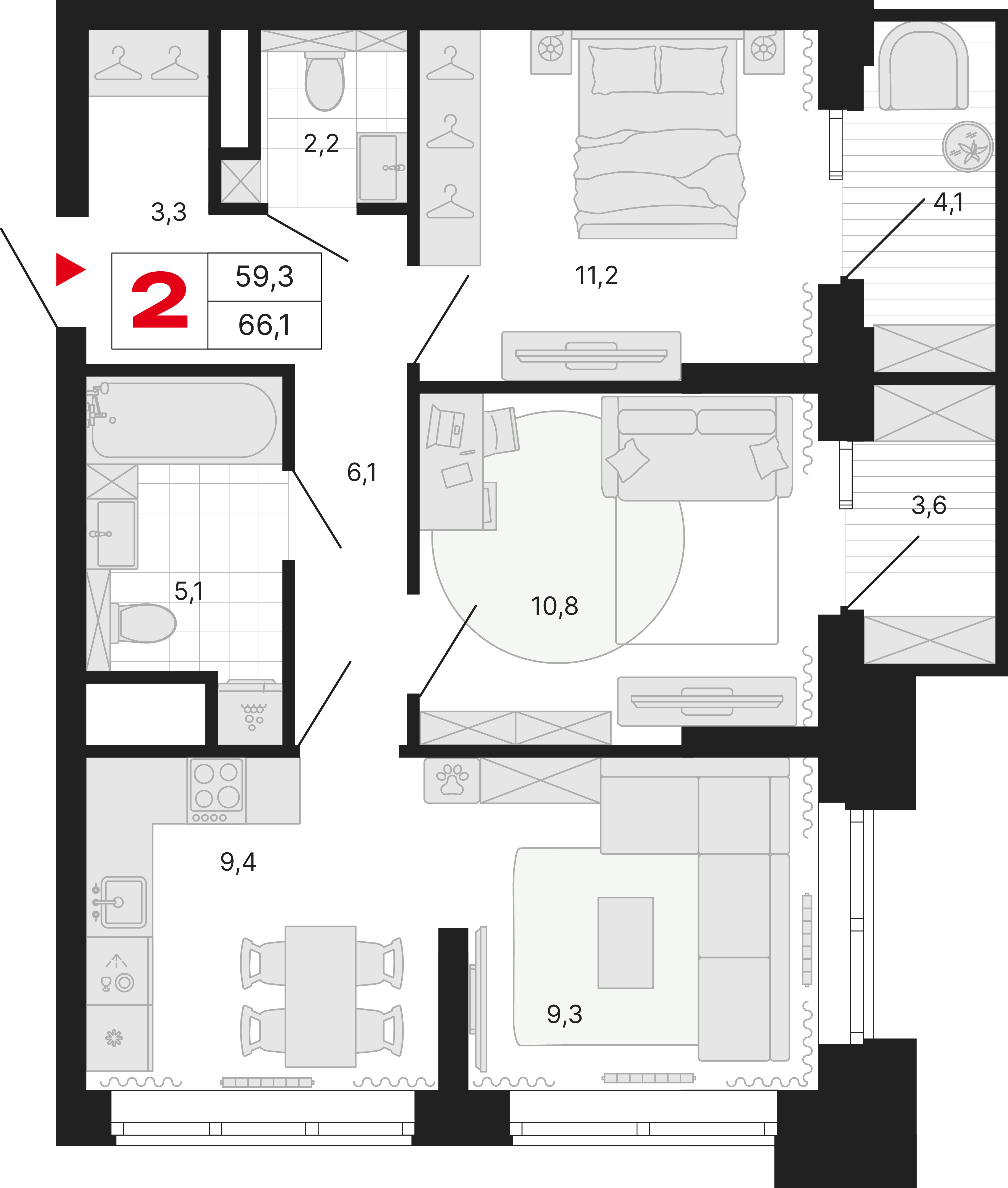 2-комнатная 66 м2 в ЖК Бестселлер корпус null этаж 7