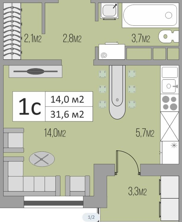 1-комнатная 31.6 м2 в ЖК undefined корпус null этаж 5