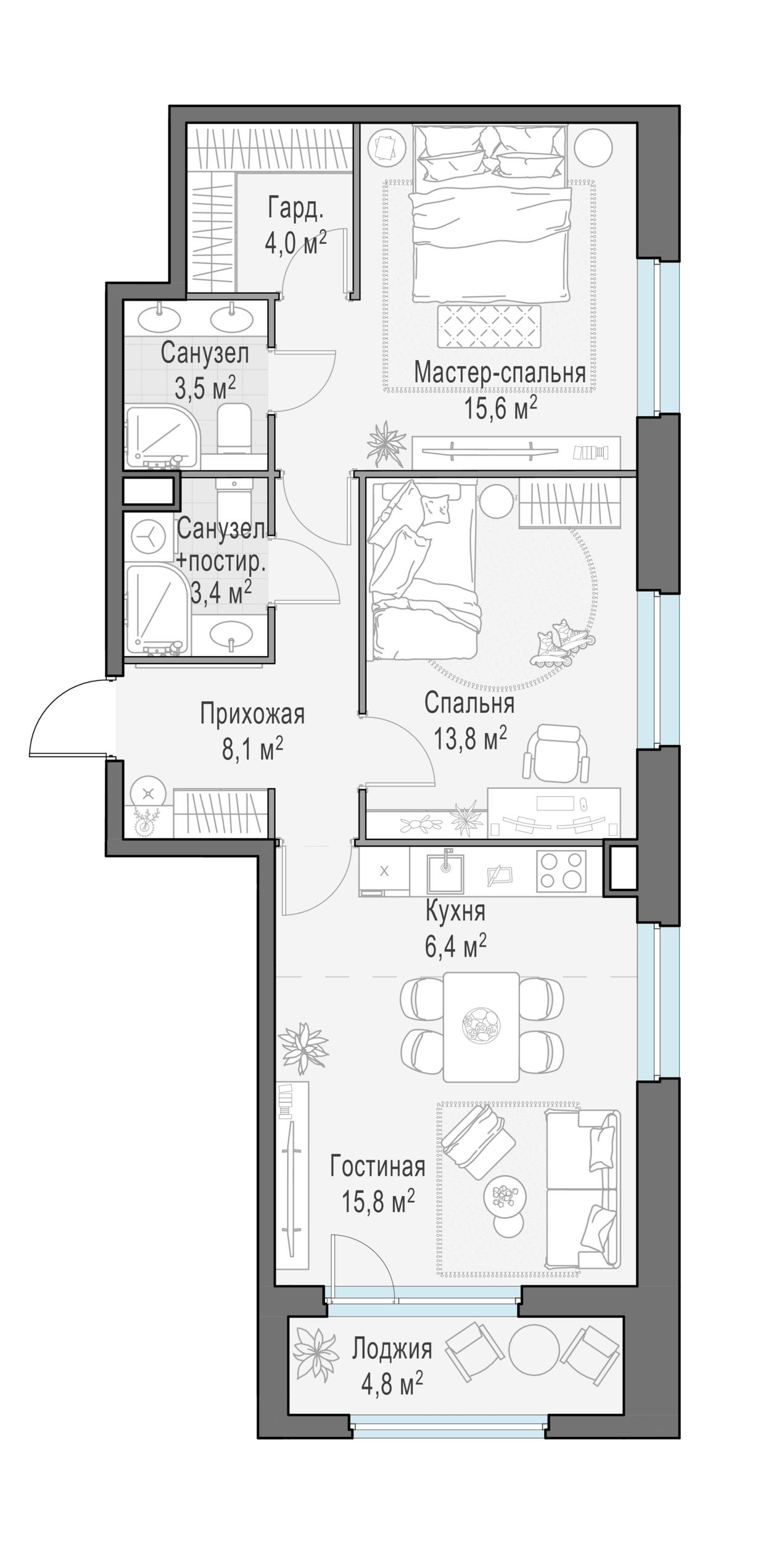 3-комнатная 73 м2 в ЖК Жилые кварталы «Белый Град» корпус null этаж 7