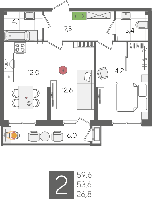 2-комнатная 59 м2 в ЖК Рекорд 2 корпус null этаж 2