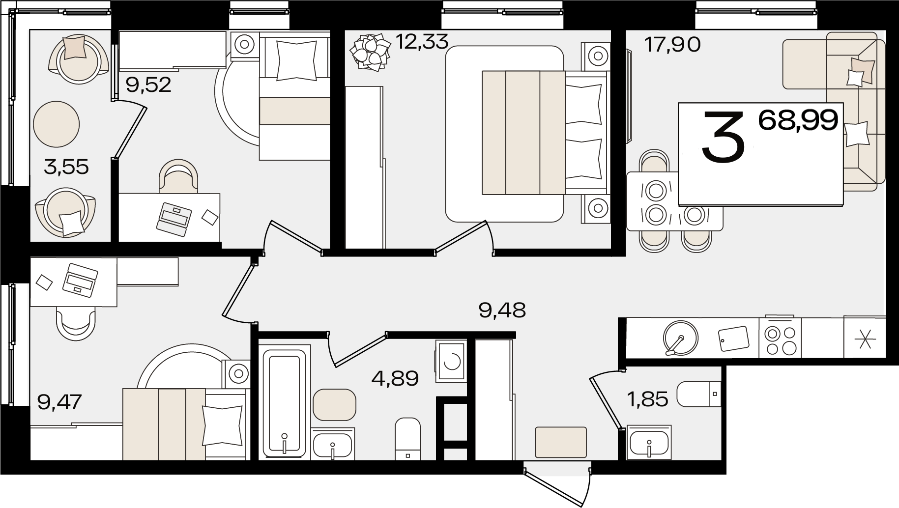3-комнатная 68 м2 в ЖК Патрики корпус null этаж 6