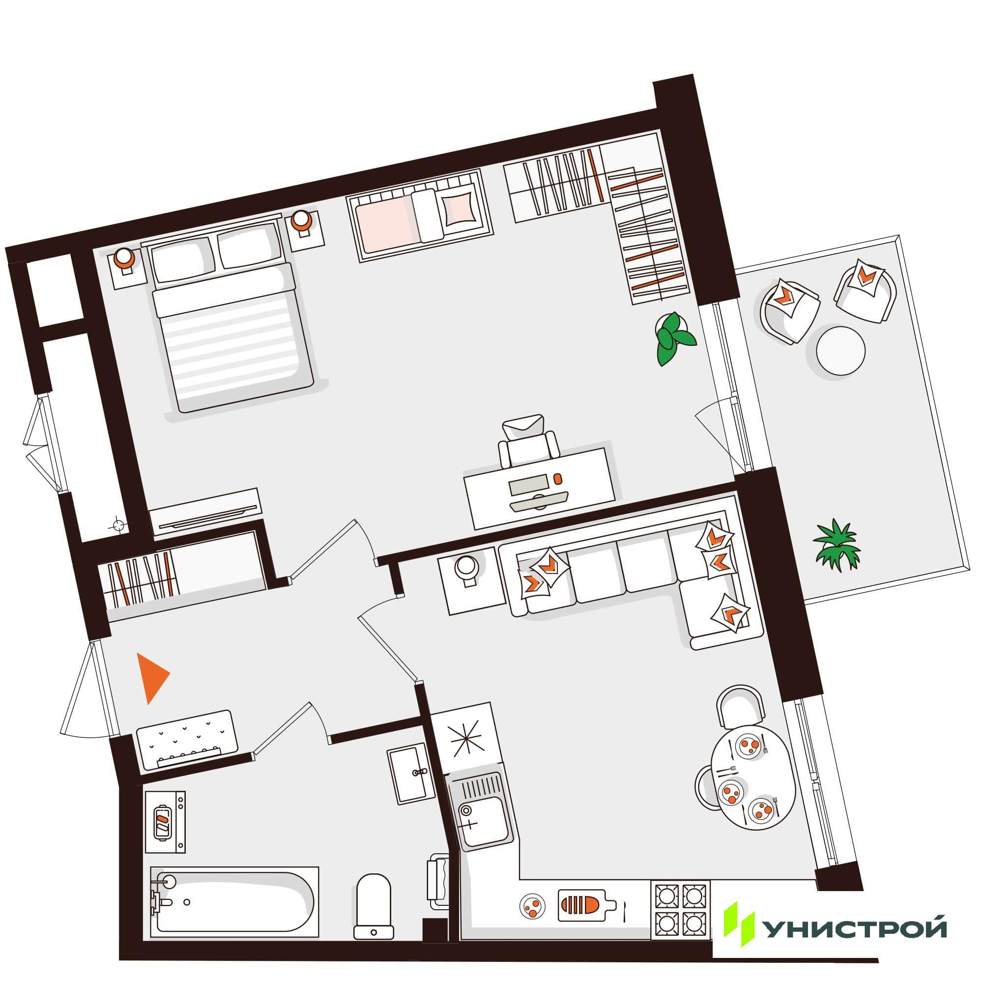 1-комнатная 44 м2 в ЖК Лисино корпус null этаж 2