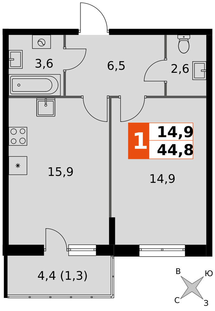 1-комнатная 44 м2 в ЖК Олимп (Обнинск) корпус null этаж 1