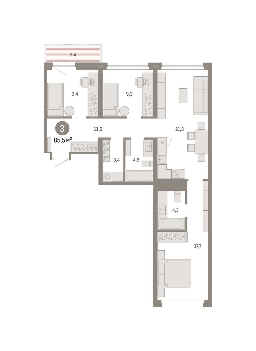 3-комнатная 85 м2 в ЖК Квартал Нефть корпус null этаж 6