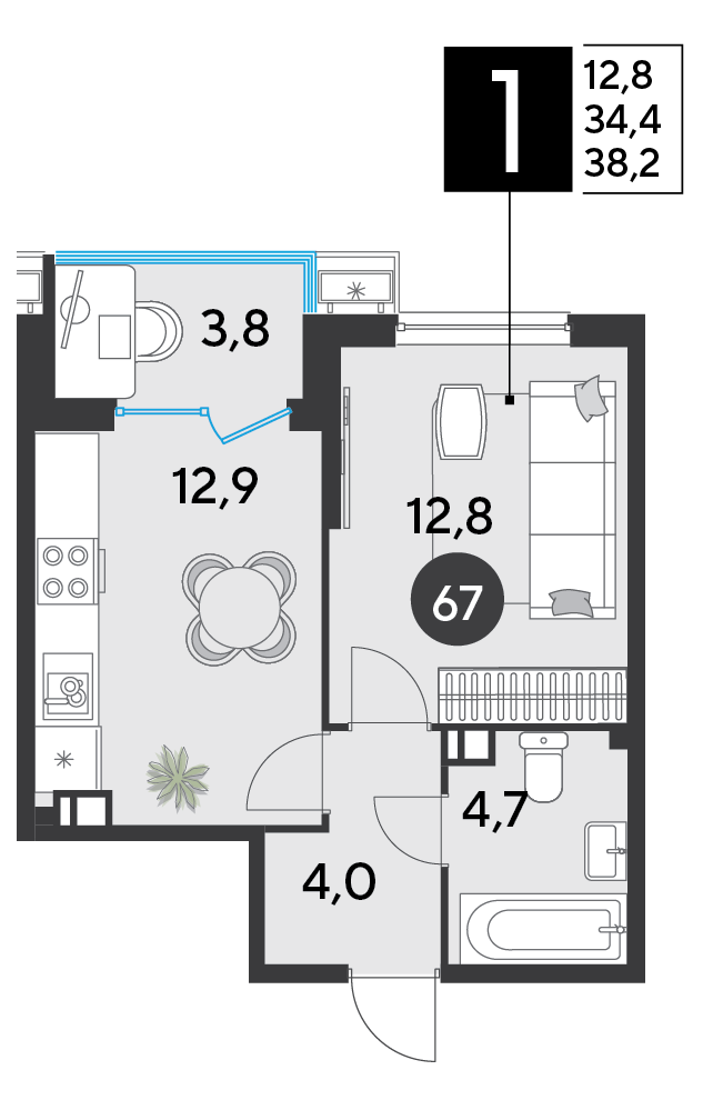 1-комнатная 38 м2 в ЖК Парк Победы 2 корпус null этаж 8