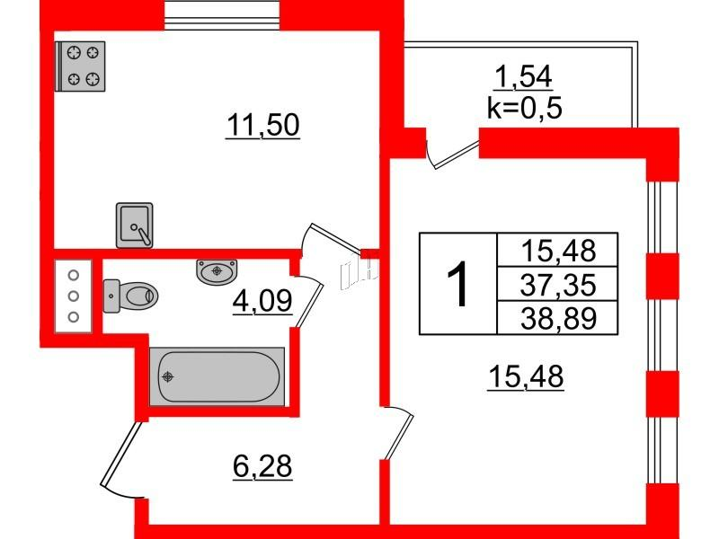 1-комнатная 40 м2 в ЖК Ювента корпус null этаж 9