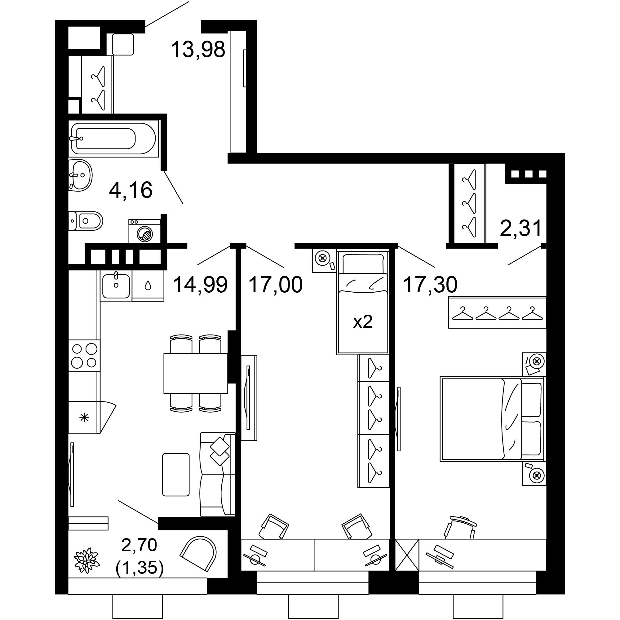 2-комнатная 71 м2 в ЖК 1799 корпус null этаж 8