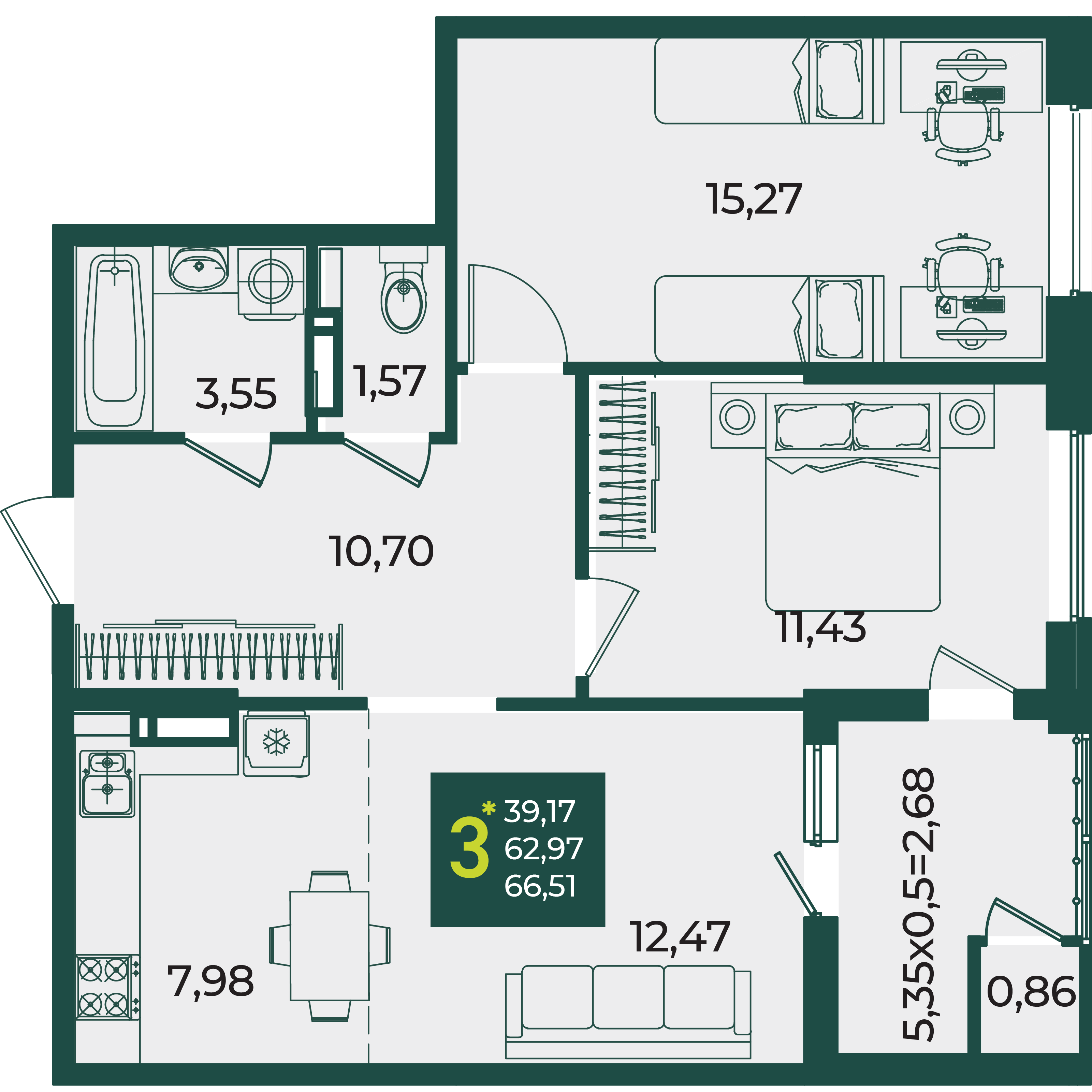 3-комнатная 66 м2 в ЖК Образцово корпус null этаж 13