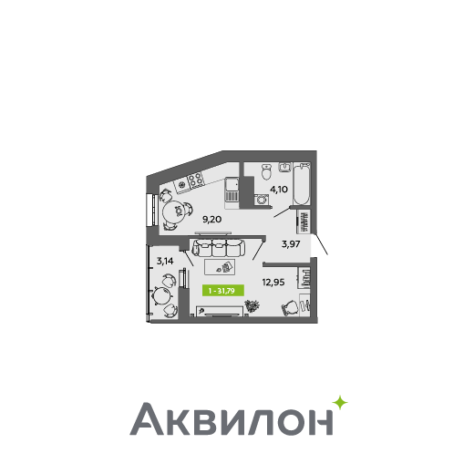 1-комнатная 31 м2 в ЖК Аквилон MySky корпус null этаж 14