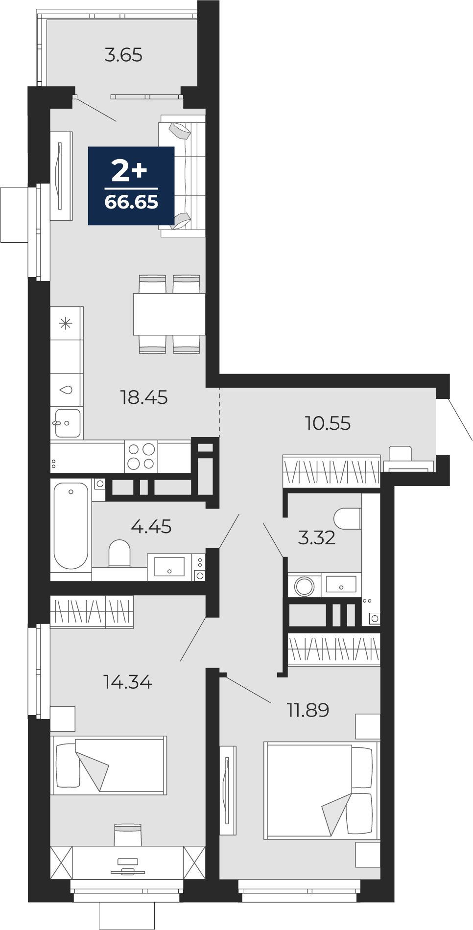 2-комнатная 63 м2 в ЖК Прео корпус null этаж 13
