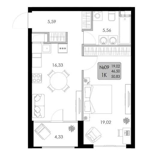 1-комнатная 50.8 м2 в ЖК undefined корпус null этаж 2