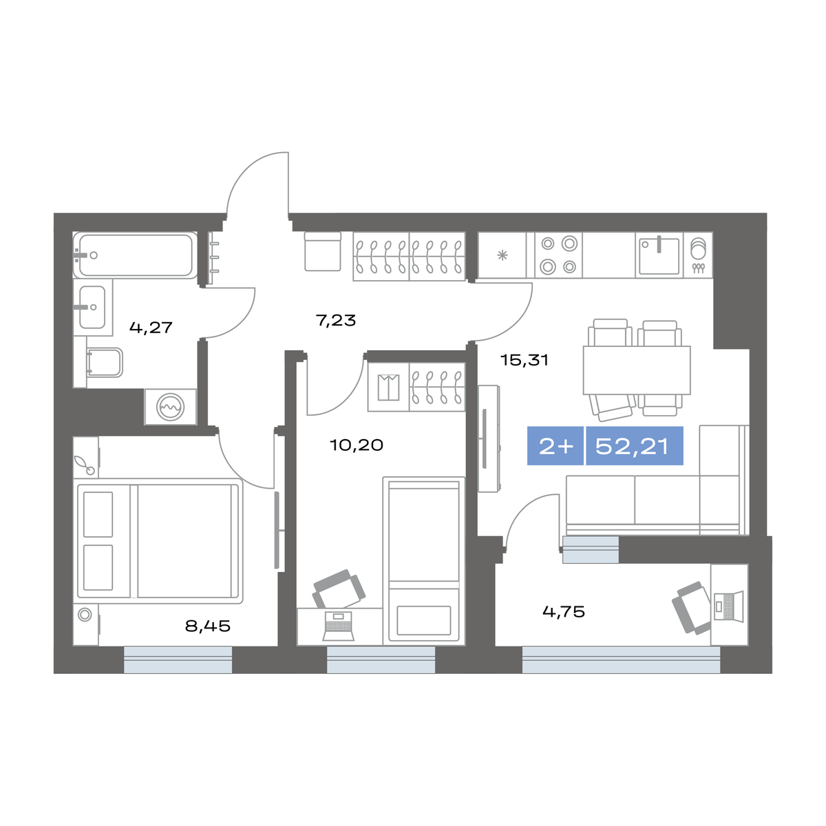 2-комнатная 52 м2 в ЖК Пятнашка корпус null этаж 13